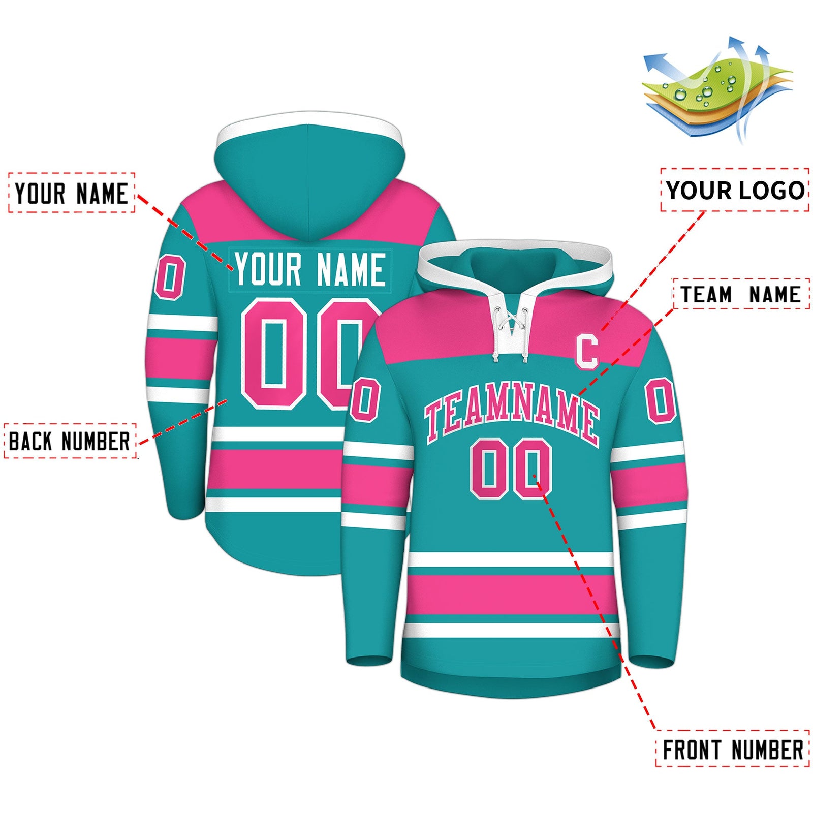Custom Hockey Hoodie Jersey Aqua Pink Raglan Sleeves Lace-Up Neck Classic Team Colors Hoodie