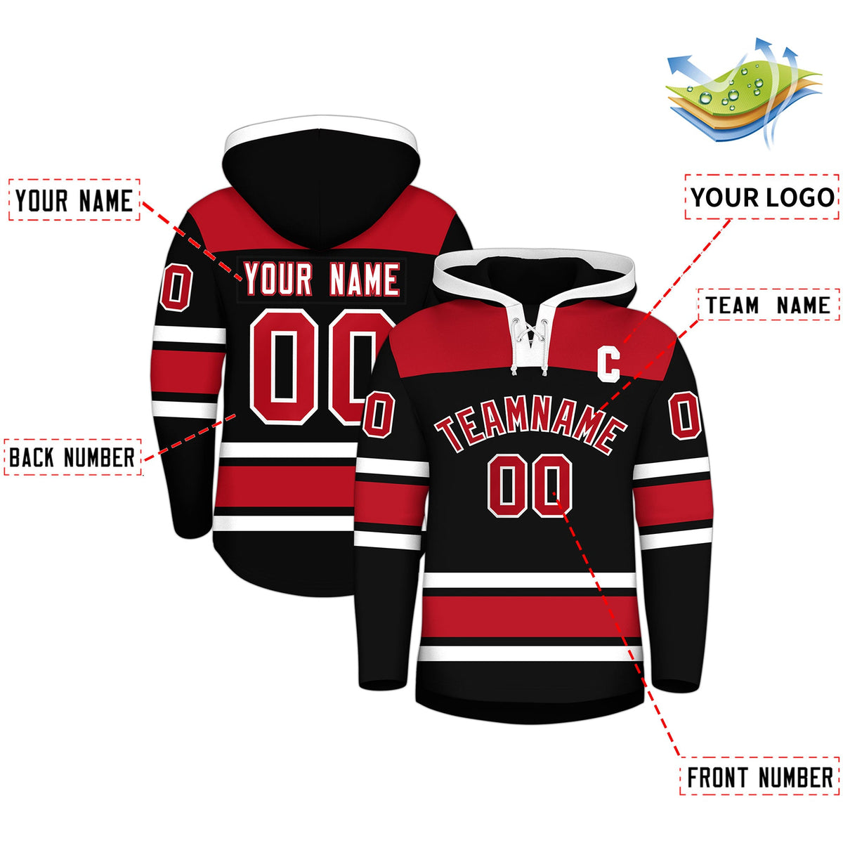Custom Hockey Hoodie Jersey Black Red Raglan Sleeves Lace-Up Neck Personalized Jersey for Men & Youth