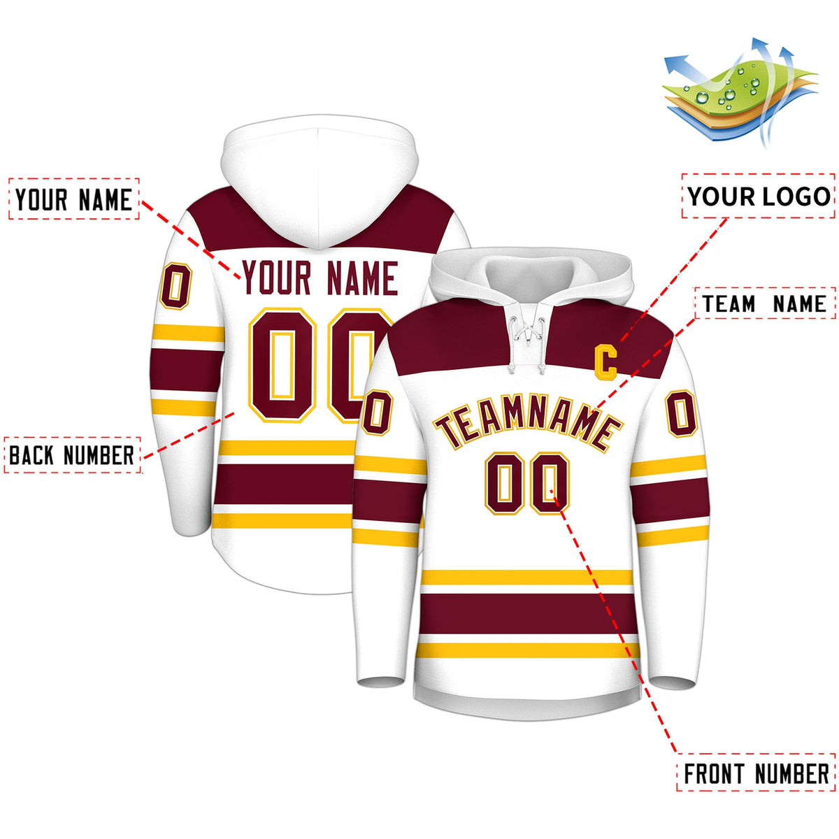 Custom Hockey Hoodie Jersey White Crimson Raglan Sleeves Lace-Up Neck Personalized Jersey for Men & Youth