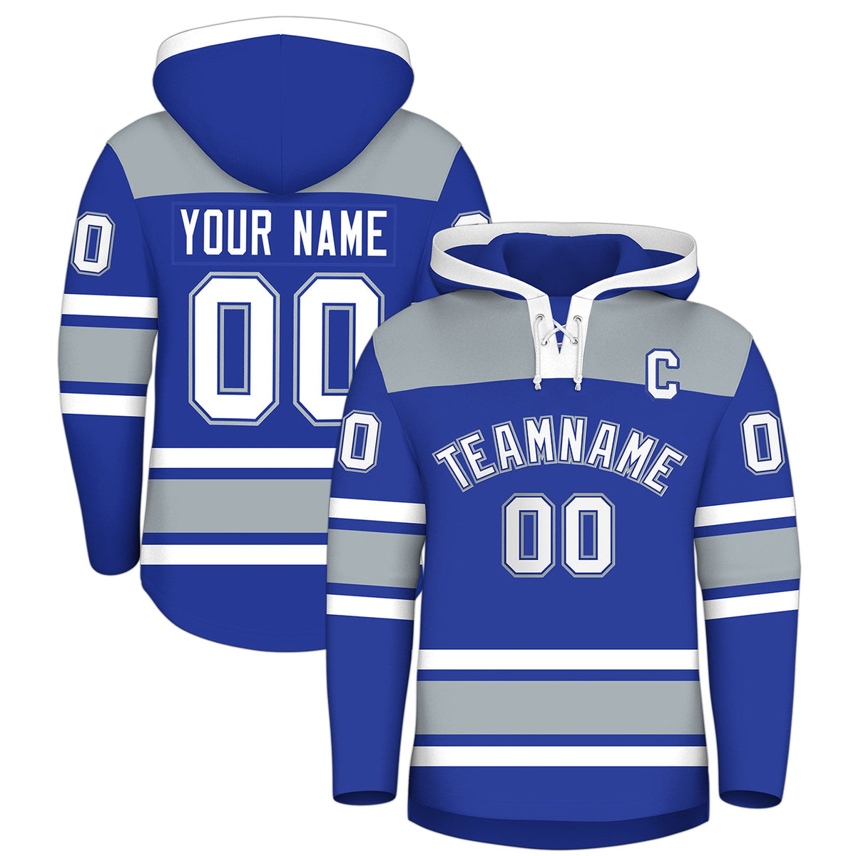 Custom Hockey Hoodie Jersey Royal Blue Silver Raglan Sleeves Lace-Up Neck Personalized Jersey for Men & Youth