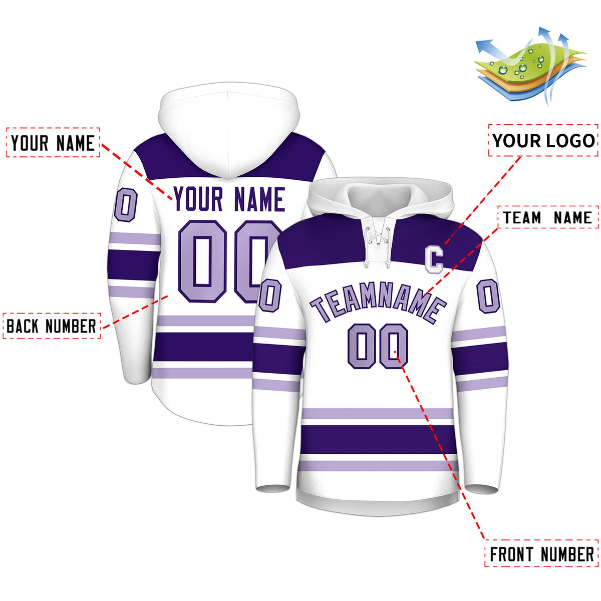 Custom Hockey Hoodie Jersey White Purple Raglan Sleeves Lace-Up Neck Personalized Jersey for Men & Youth