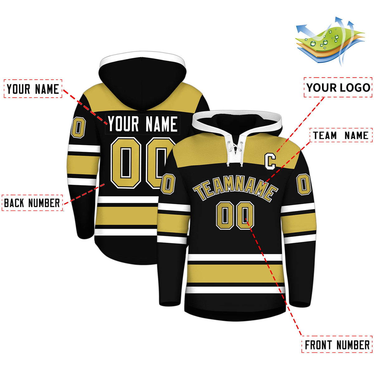 Custom Hockey Hoodie Jersey Black Old Gold Raglan Sleeves Lace-Up Neck Personal Name & Number & Logo
