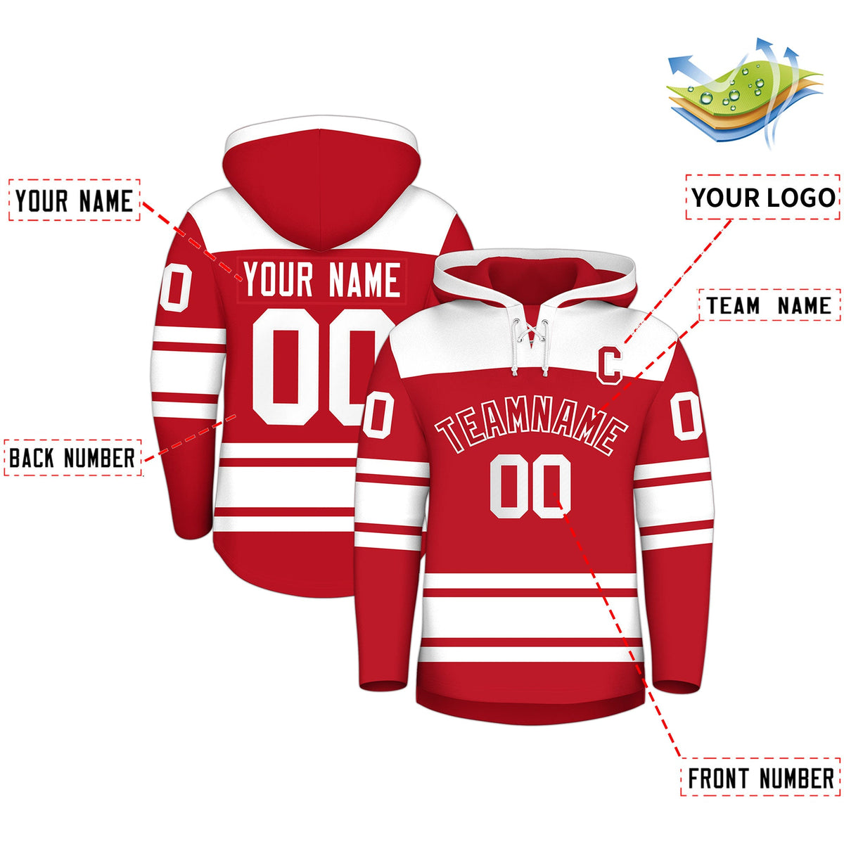 Custom Hockey Hoodie Jersey Red White Raglan Sleeves Lace-Up Neck Personalized Jersey for Men & Youth