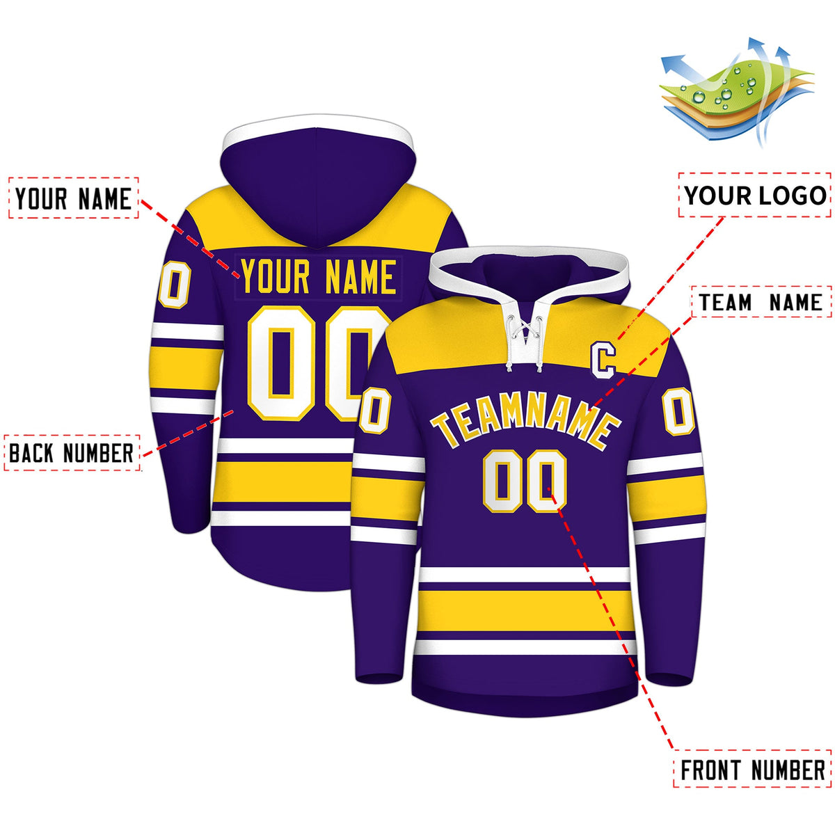 Custom Hockey Hoodie Jersey Purple Gold Raglan Sleeves Lace-Up Neck Personalized Jersey for Men & Youth