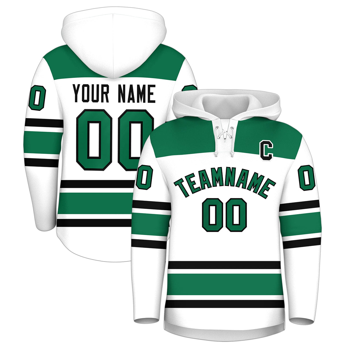 Custom Hockey Hoodie Jersey White Kelly Green Raglan Sleeves Lace-Up Neck Personalized Jersey for Men & Youth