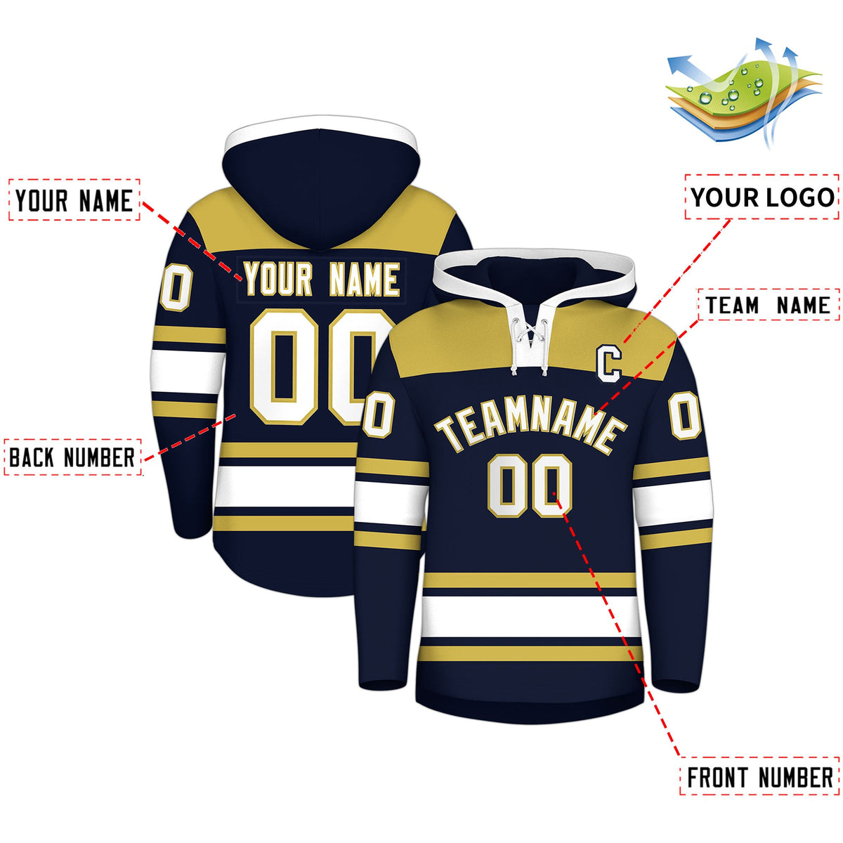 Custom Hockey Hoodie Jersey Navy Old Gold Raglan Sleeves Lace-Up Neck Personalized Jersey for Men & Youth