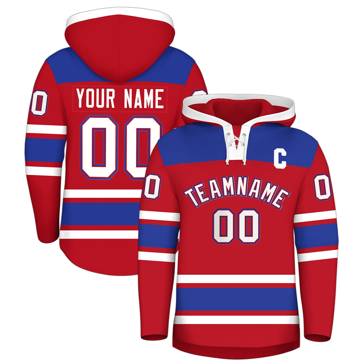 Custom Hockey Hoodie Jersey Red Royal Blue Raglan Sleeves Lace-Up Neck Personalized Jersey for Men & Youth