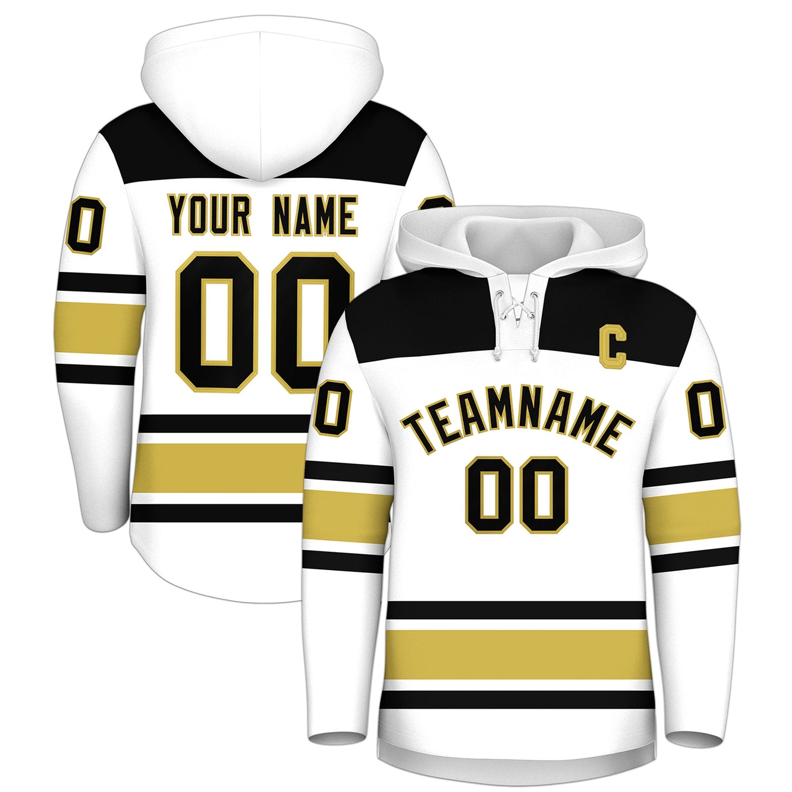 Custom Hockey Hoodie Jersey White Old Gold Raglan Sleeves Lace-Up Neck Classic Team Colors Hoodie