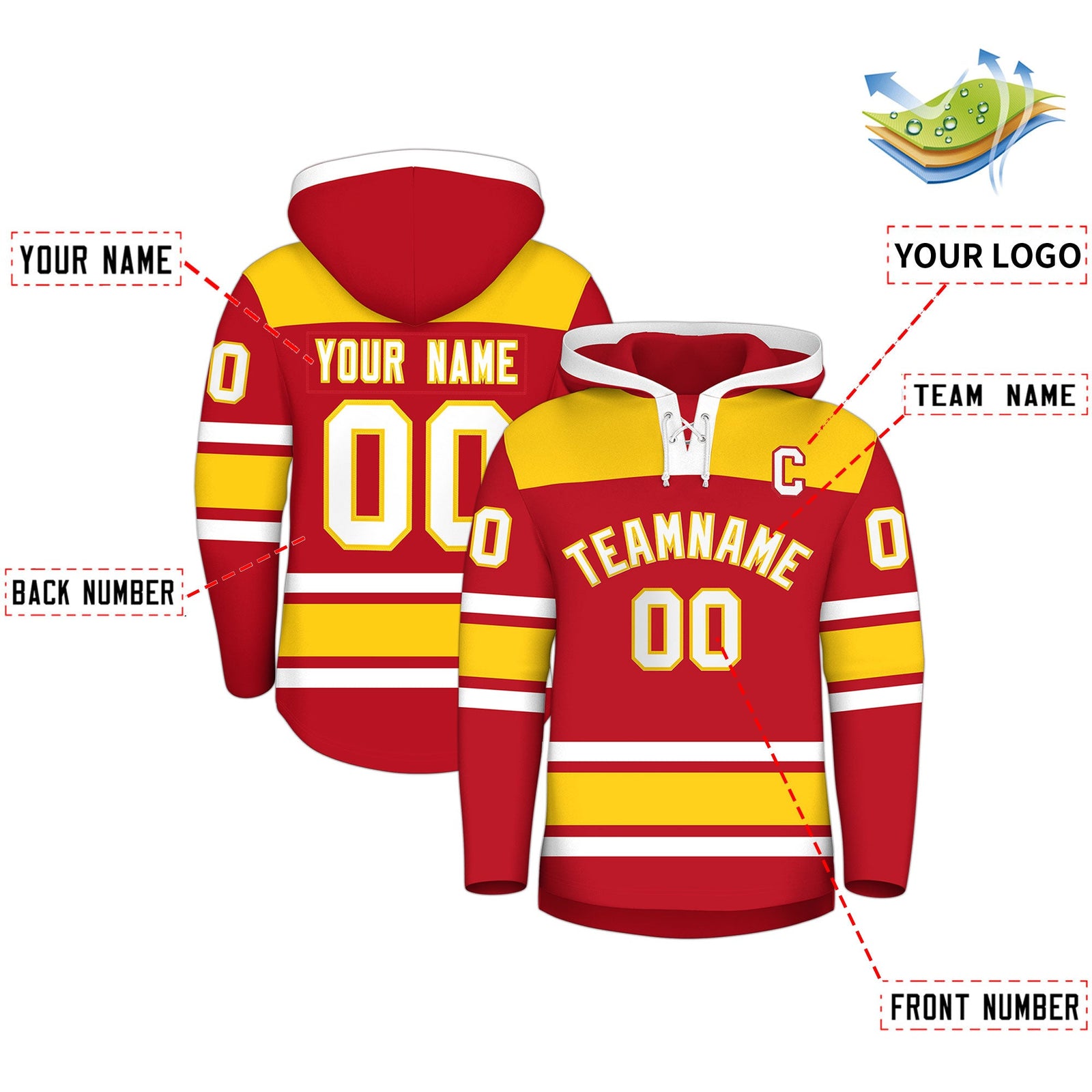 Custom Hockey Hoodie Jersey Red Gold Raglan Sleeves Lace-Up Neck Personalized Jersey for Men & Youth