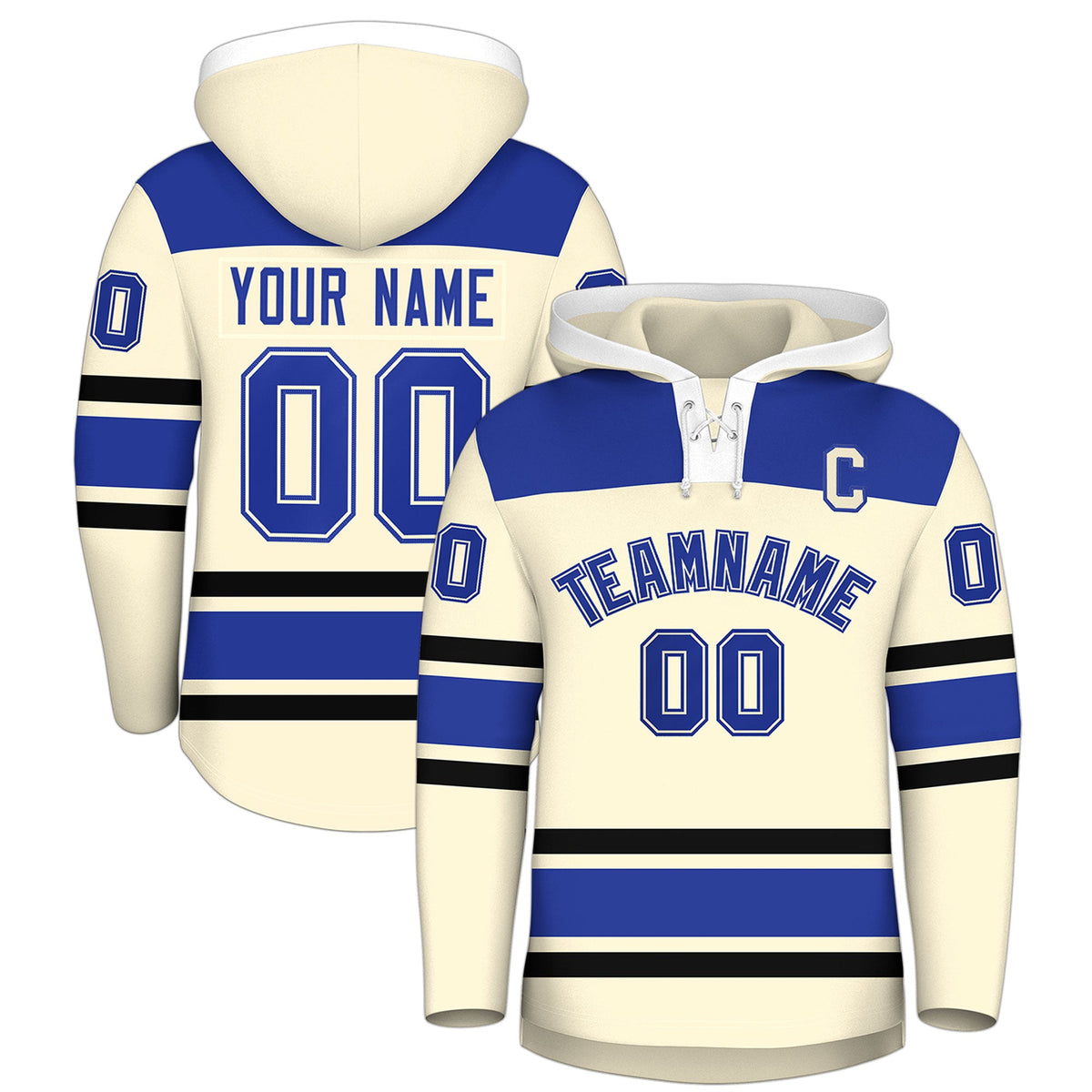 Custom Hockey Hoodie Jersey Cream Royal Blue Raglan Sleeves Lace-Up Neck Personal Name & Number & Logo