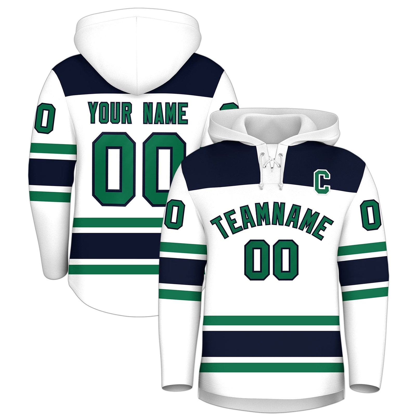 Custom Hockey Hoodie Jersey White Navy Raglan Sleeves Lace-Up Neck Classic Team Colors Hoodie
