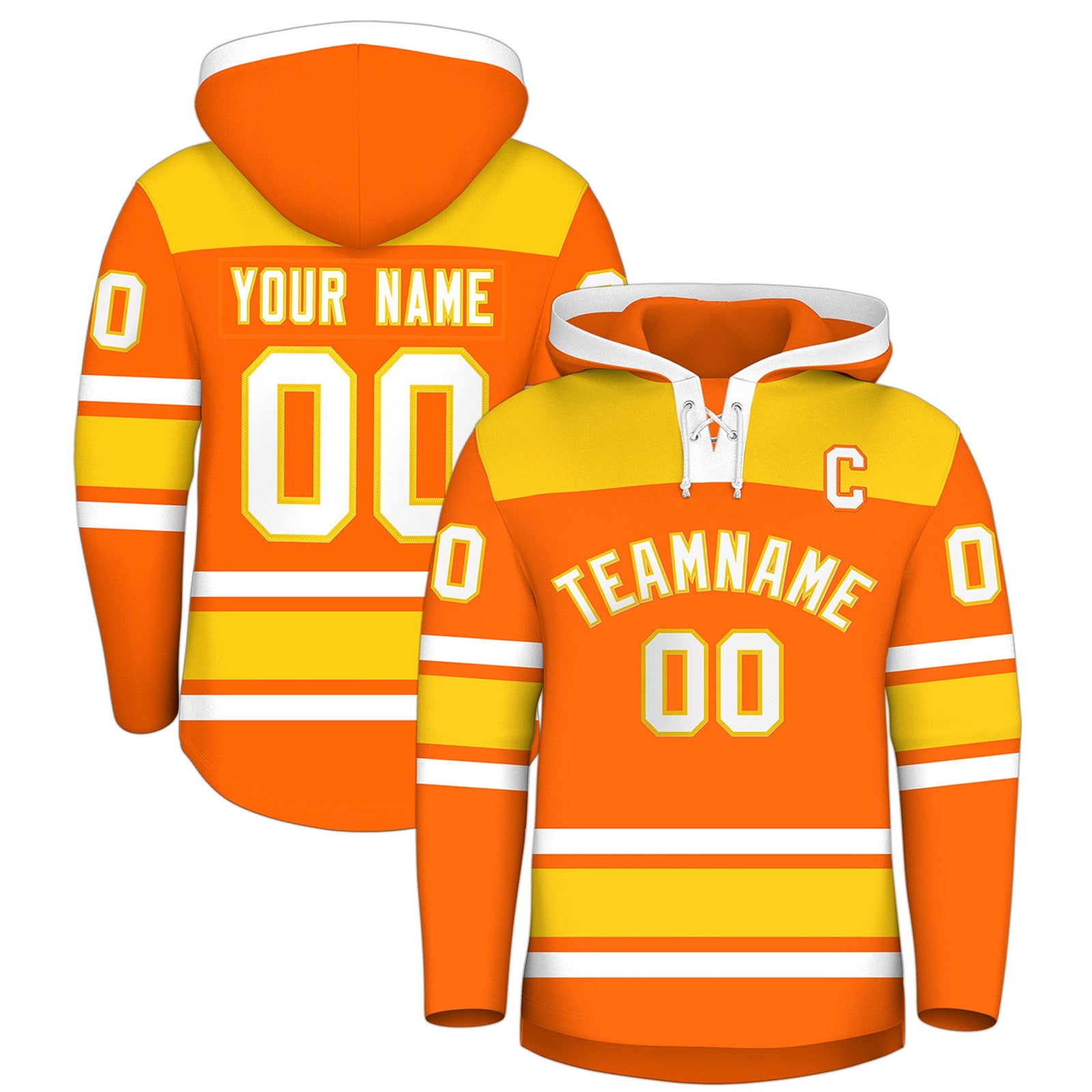 Custom Hockey Hoodie Jersey Orange Gold Raglan Sleeves Lace-Up Neck Personal Name & Number & Logo