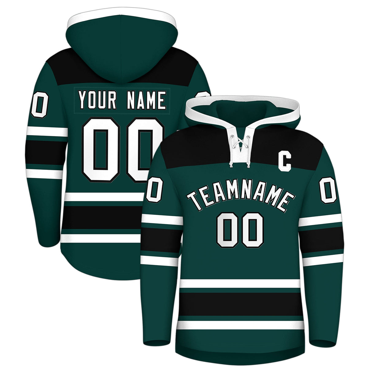 Custom Hockey Hoodie Jersey Midnight Green Black Raglan Sleeves Lace-Up Neck Personal Name & Number & Logo