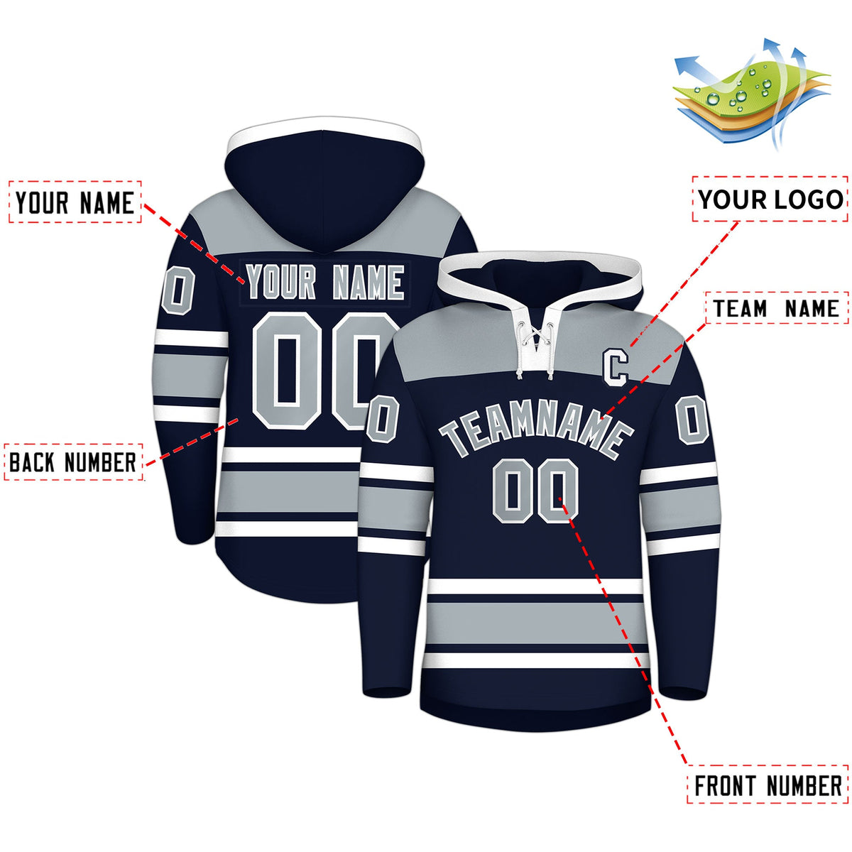 Custom Hockey Hoodie Jersey Navy Silver Raglan Sleeves Lace-Up Neck Personalized Jersey for Men & Youth
