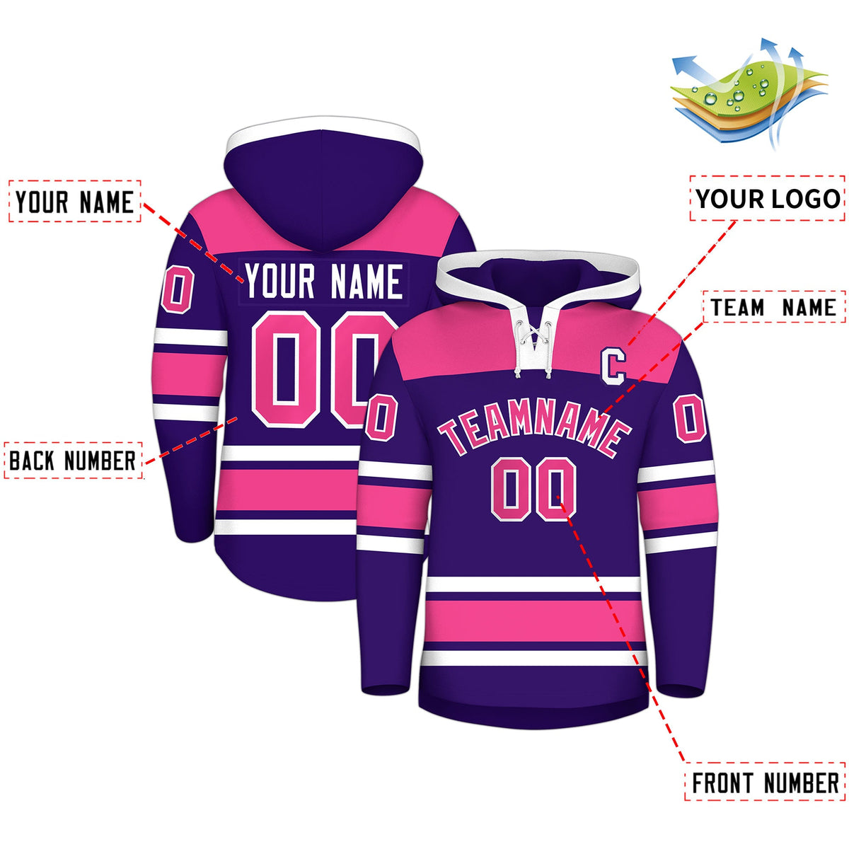 Custom Hockey Hoodie Jersey Purple Pink Raglan Sleeves Lace-Up Neck Classic Team Colors Hoodie