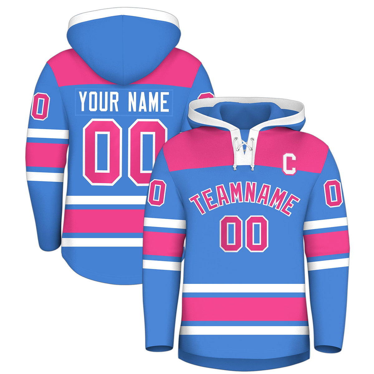 Custom Hockey Hoodie Jersey Powder Blue Raglan Sleeves Lace-Up Neck Personal Name & Number & Logo