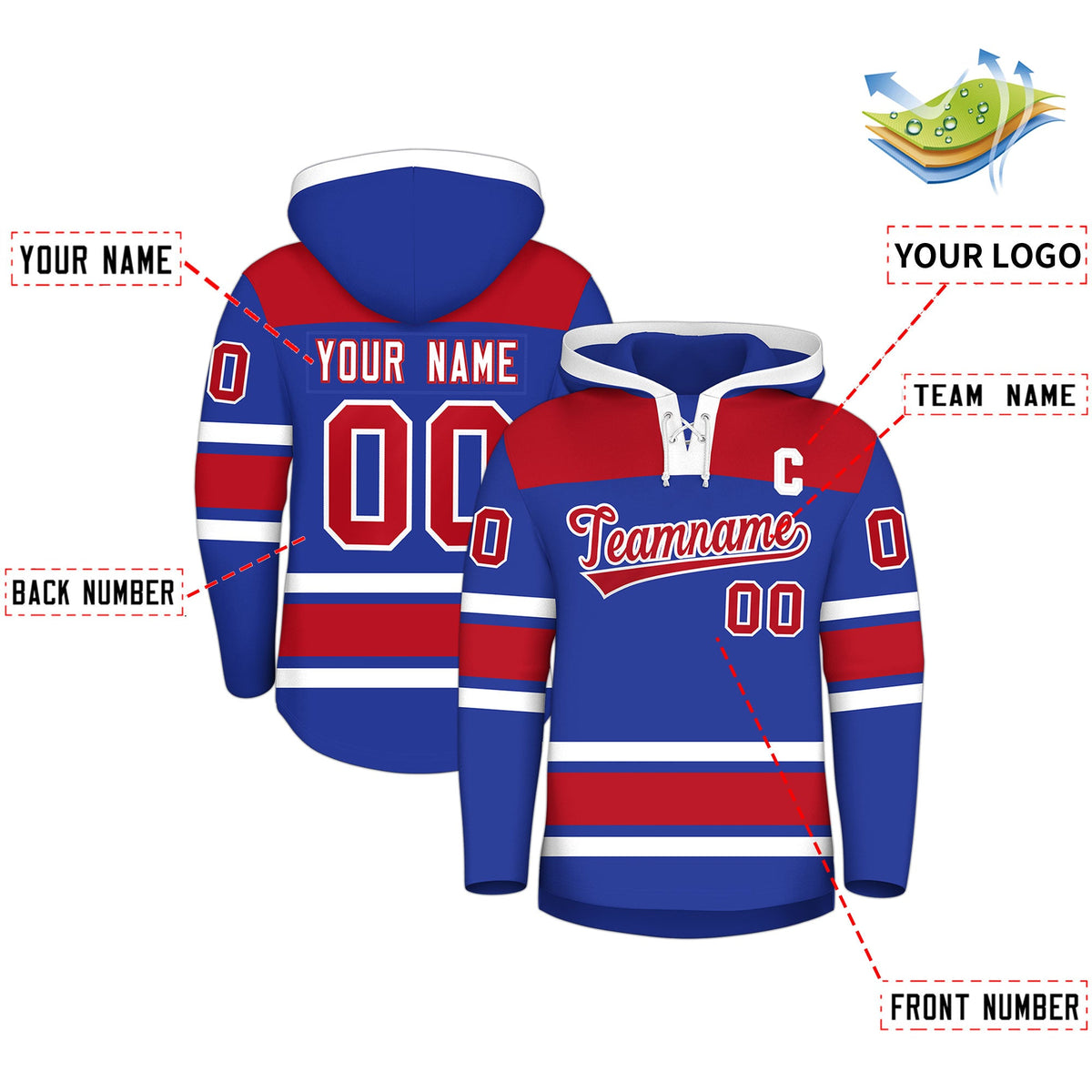 Custom Hockey Hoodie Jersey Royal Blue Red Raglan Sleeves Lace-Up Neck Personal Name & Number & Logo
