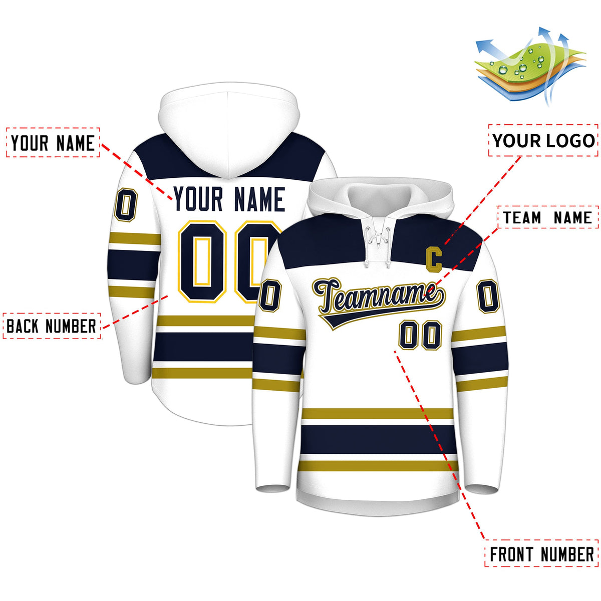 Custom Hockey Hoodie Jersey White Navy Raglan Sleeves Lace-Up Neck Personal Name & Number & Logo