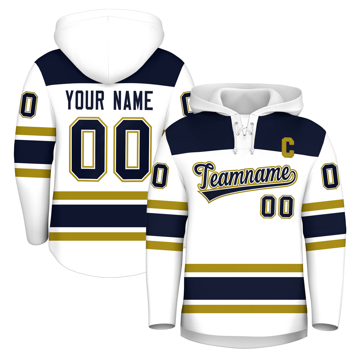 Custom Hockey Hoodie Jersey White Navy Raglan Sleeves Lace-Up Neck Personal Name & Number & Logo