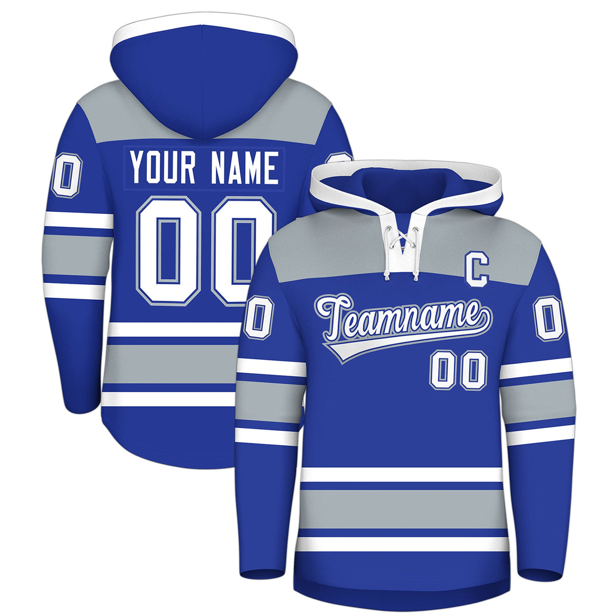 Custom Hockey Hoodie Jersey Royal Blue Silver Raglan Sleeves Lace-Up Neck Personalized Jersey for Men & Youth