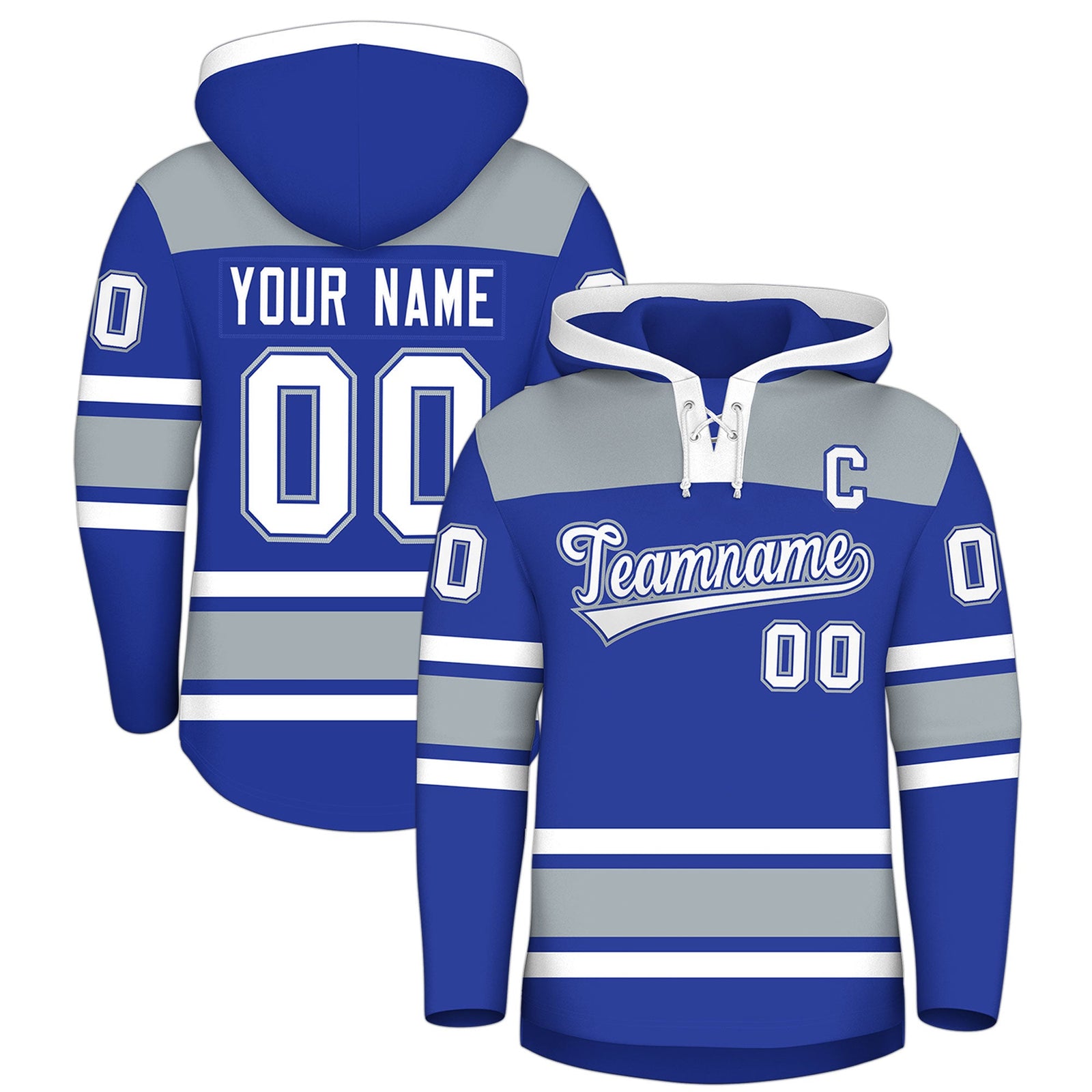 Custom Hockey Hoodie Jersey Royal Blue Silver Raglan Sleeves Lace-Up Neck Personalized Jersey for Men & Youth