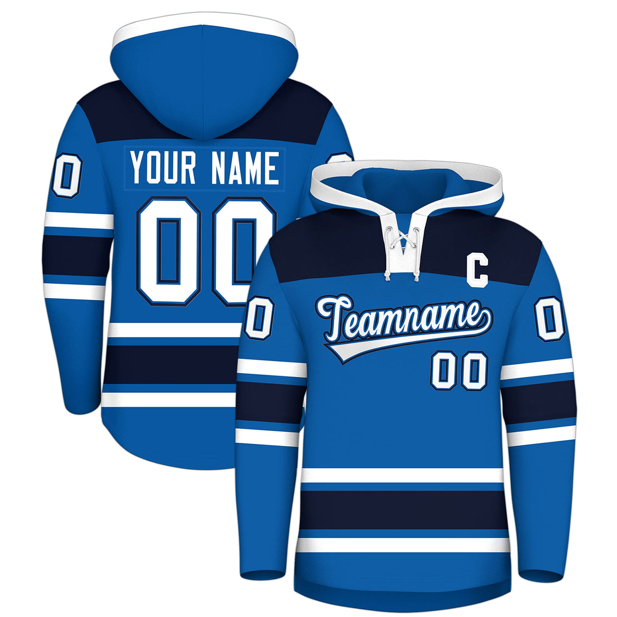 Custom Hockey Hoodie Jersey Royal Navy Raglan Sleeves Lace-Up Neck Personal Name & Number & Logo