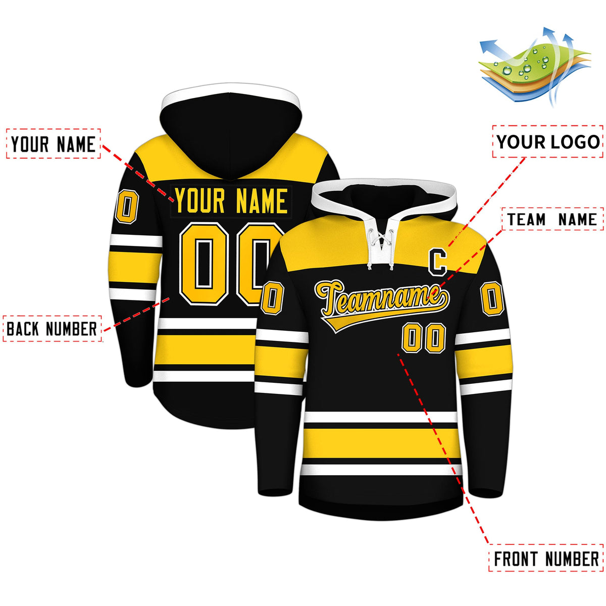 Custom Hockey Hoodie Jersey Black Gold Raglan Sleeves Lace-Up Neck Personalized Jersey for Men & Youth