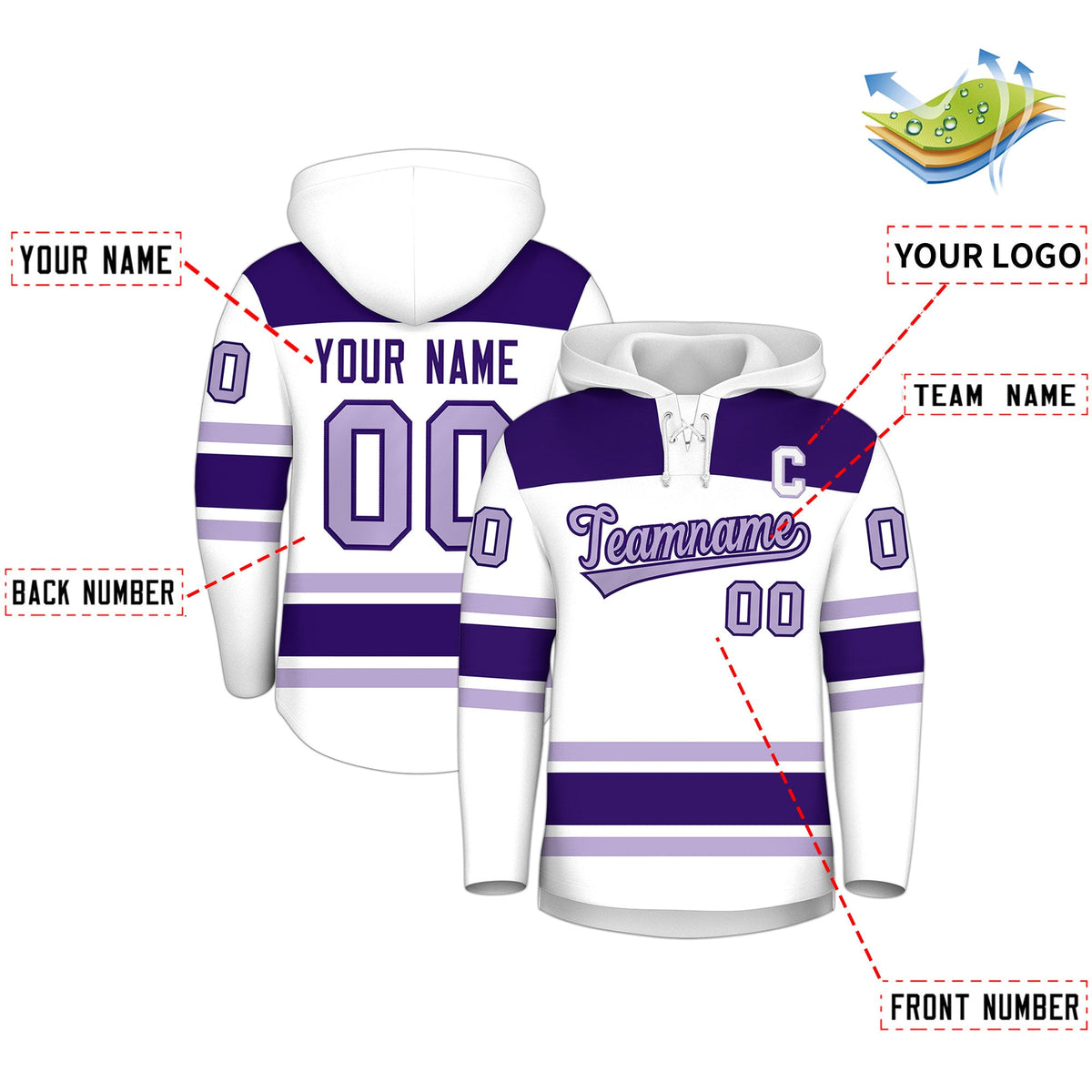 Custom Hockey Hoodie Jersey White Purple Raglan Sleeves Lace-Up Neck Personalized Jersey for Men & Youth