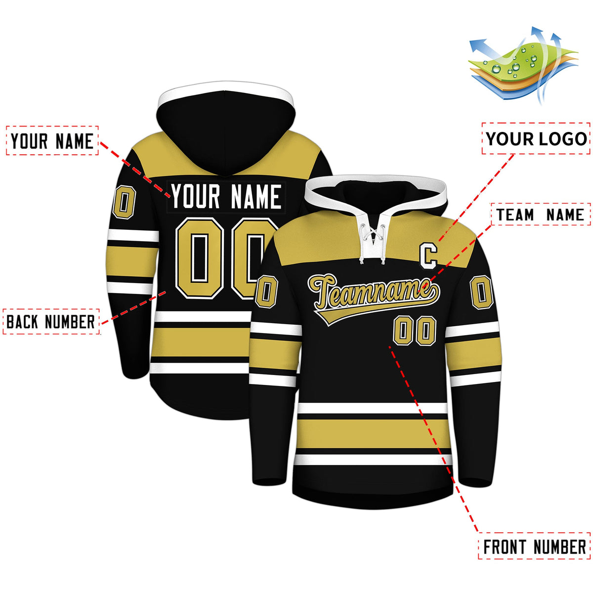 Custom Hockey Hoodie Jersey Black Old Gold Raglan Sleeves Lace-Up Neck Personal Name & Number & Logo