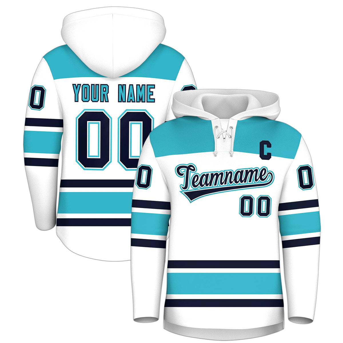 Custom Hockey Hoodie Jersey White Sky Blue Raglan Sleeves Lace-Up Neck Personalized Jersey for Men & Youth