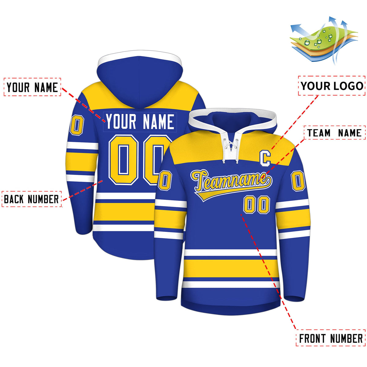 Custom Hockey Hoodie Jersey Royal Blue Gold Raglan Sleeves Lace-Up Neck Personal Name & Number & Logo