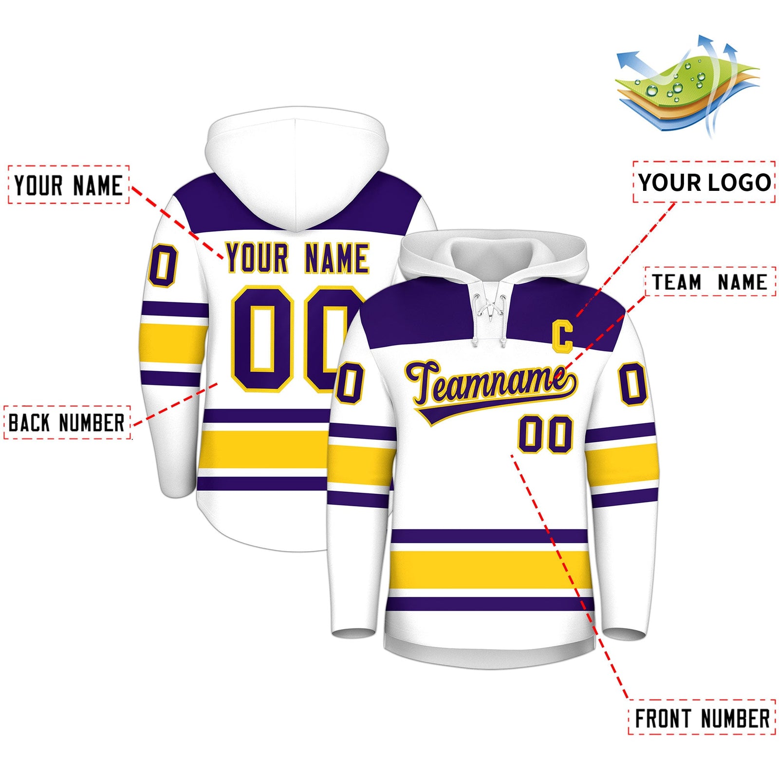 Custom Hockey Hoodie Jersey White Gold Raglan Sleeves Lace-Up Neck Personal Name & Number & Logo