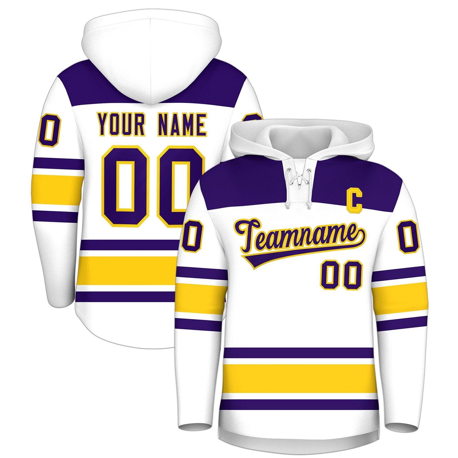 Custom Hockey Hoodie Jersey White Gold Raglan Sleeves Lace-Up Neck Personal Name & Number & Logo