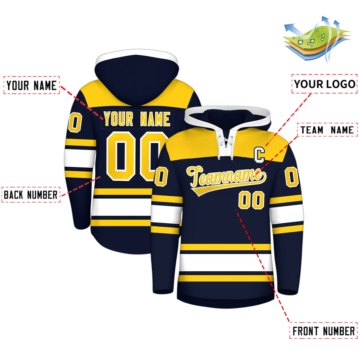 Custom Hockey Hoodie Jersey Navy Gold Raglan Sleeves Lace-Up Neck Personal Name & Number & Logo