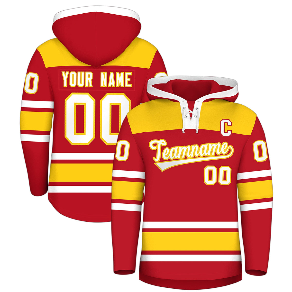 Custom Hockey Hoodie Jersey Red Gold Raglan Sleeves Lace-Up Neck Personalized Jersey for Men & Youth