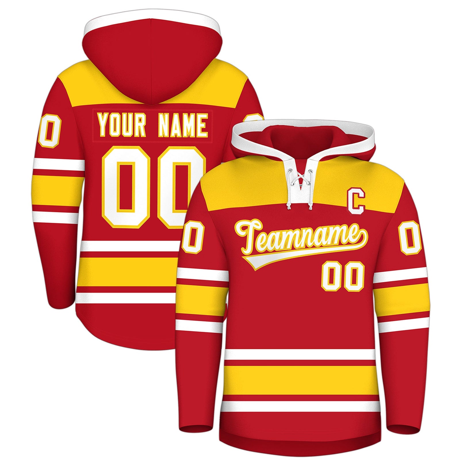 Custom Hockey Hoodie Jersey Red Gold Raglan Sleeves Lace-Up Neck Personalized Jersey for Men & Youth