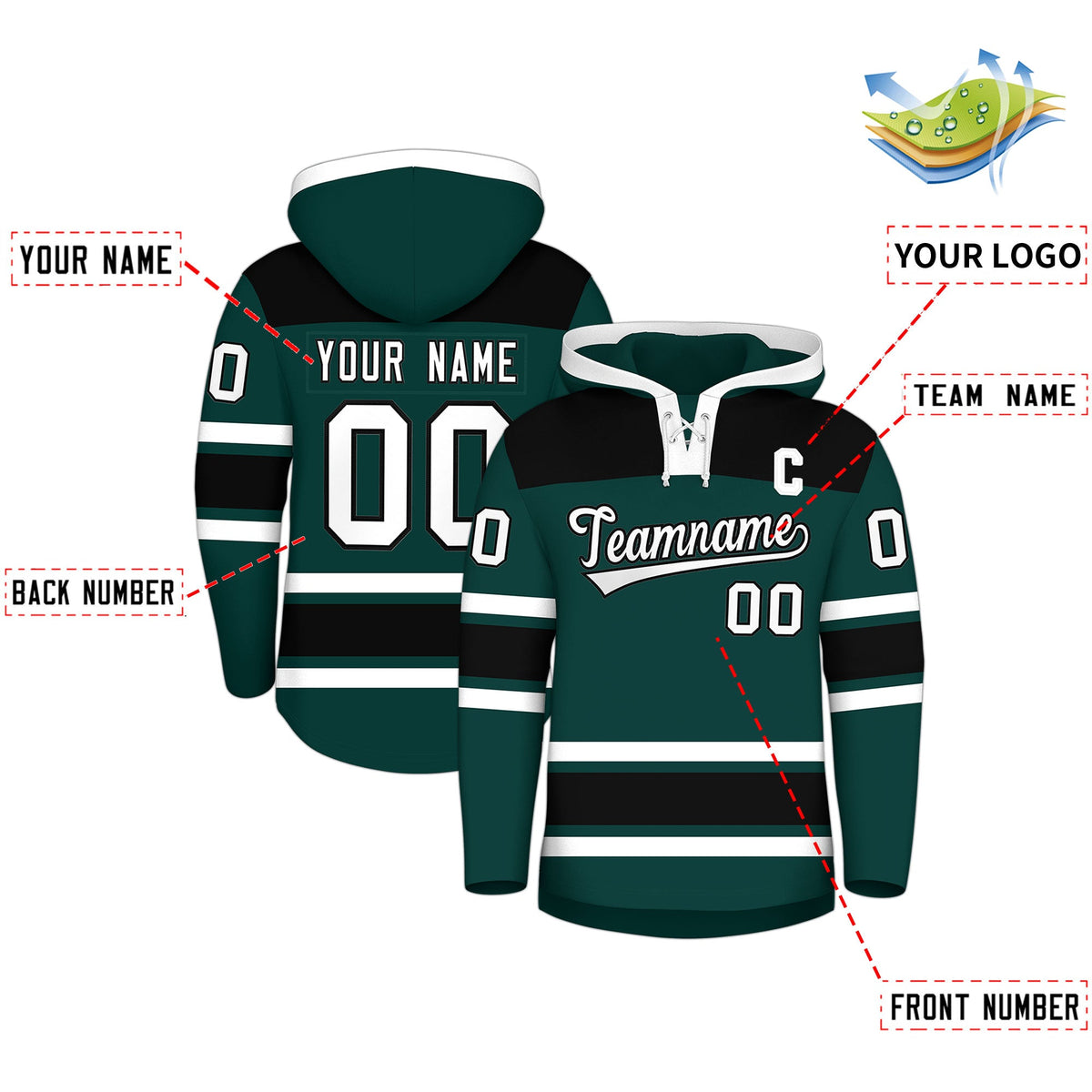 Custom Hockey Hoodie Jersey Midnight Green Black Raglan Sleeves Lace-Up Neck Personal Name & Number & Logo