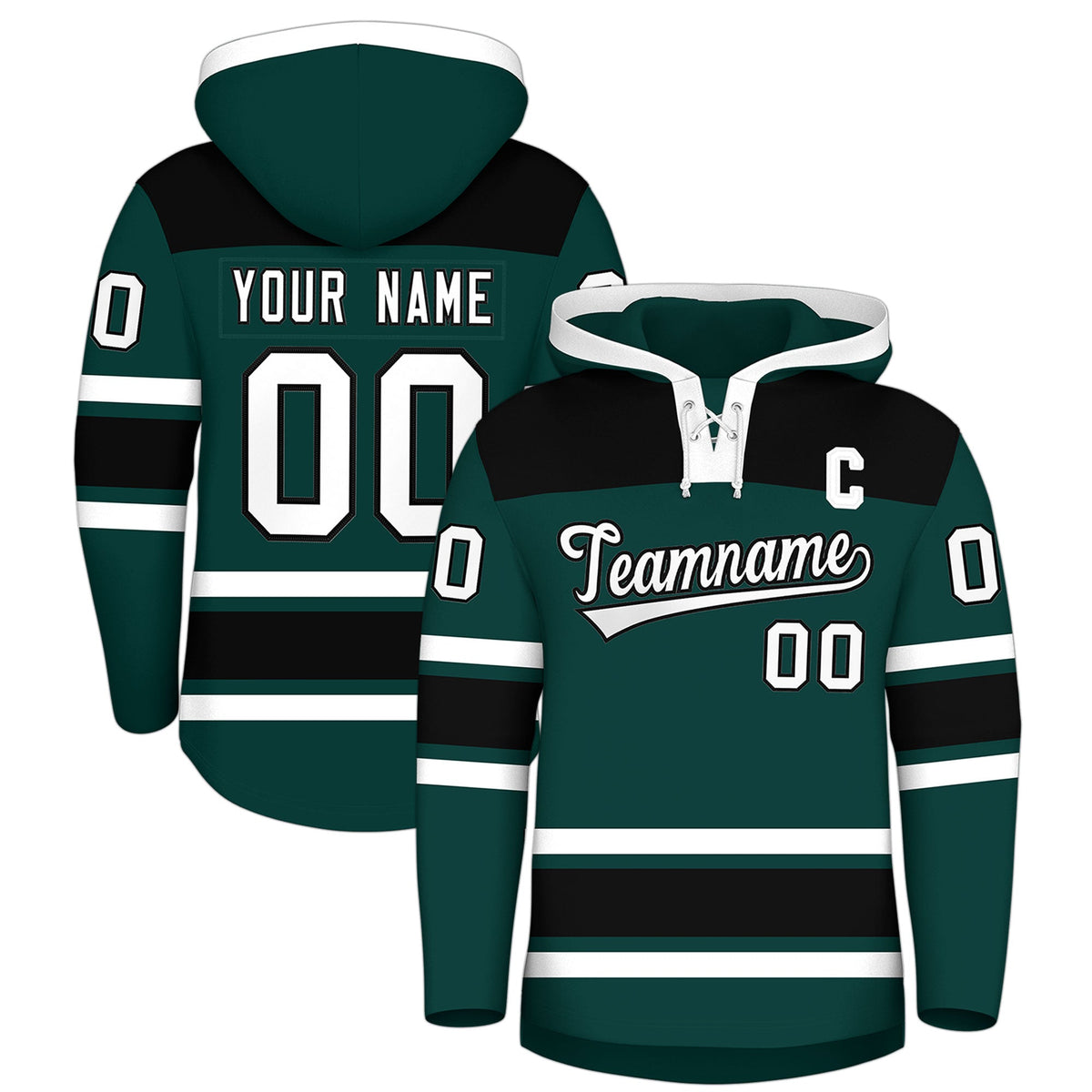 Custom Hockey Hoodie Jersey Midnight Green Black Raglan Sleeves Lace-Up Neck Personal Name & Number & Logo