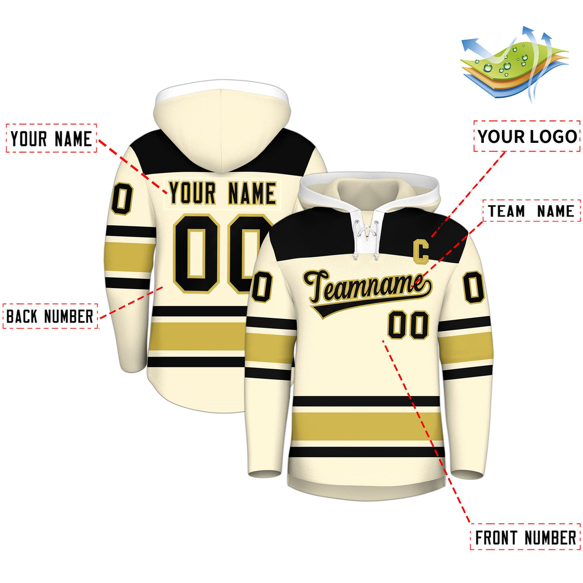 Custom Hockey Hoodie Jersey Cream Old Gold Raglan Sleeves Lace-Up Neck Personal Name & Number & Logo
