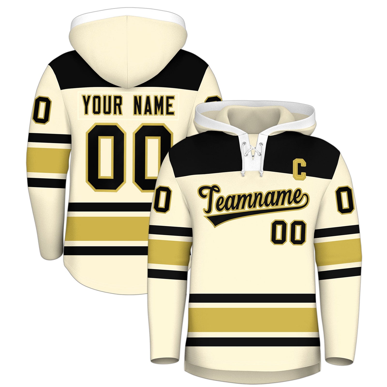 Custom Hockey Hoodie Jersey Cream Old Gold Raglan Sleeves Lace-Up Neck Personal Name & Number & Logo