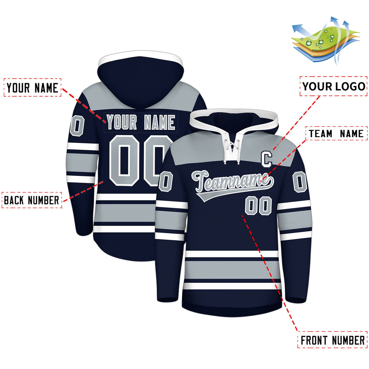 Custom Hockey Hoodie Jersey Navy Silver Raglan Sleeves Lace-Up Neck Personalized Jersey for Men & Youth