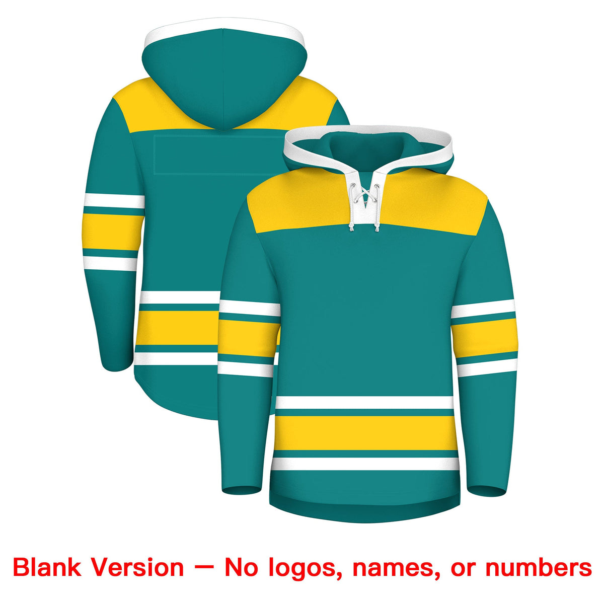 Custom Hockey Hoodie Jersey Teal Gold Raglan Sleeves Lace-Up Neck Personal Name & Number & Logo