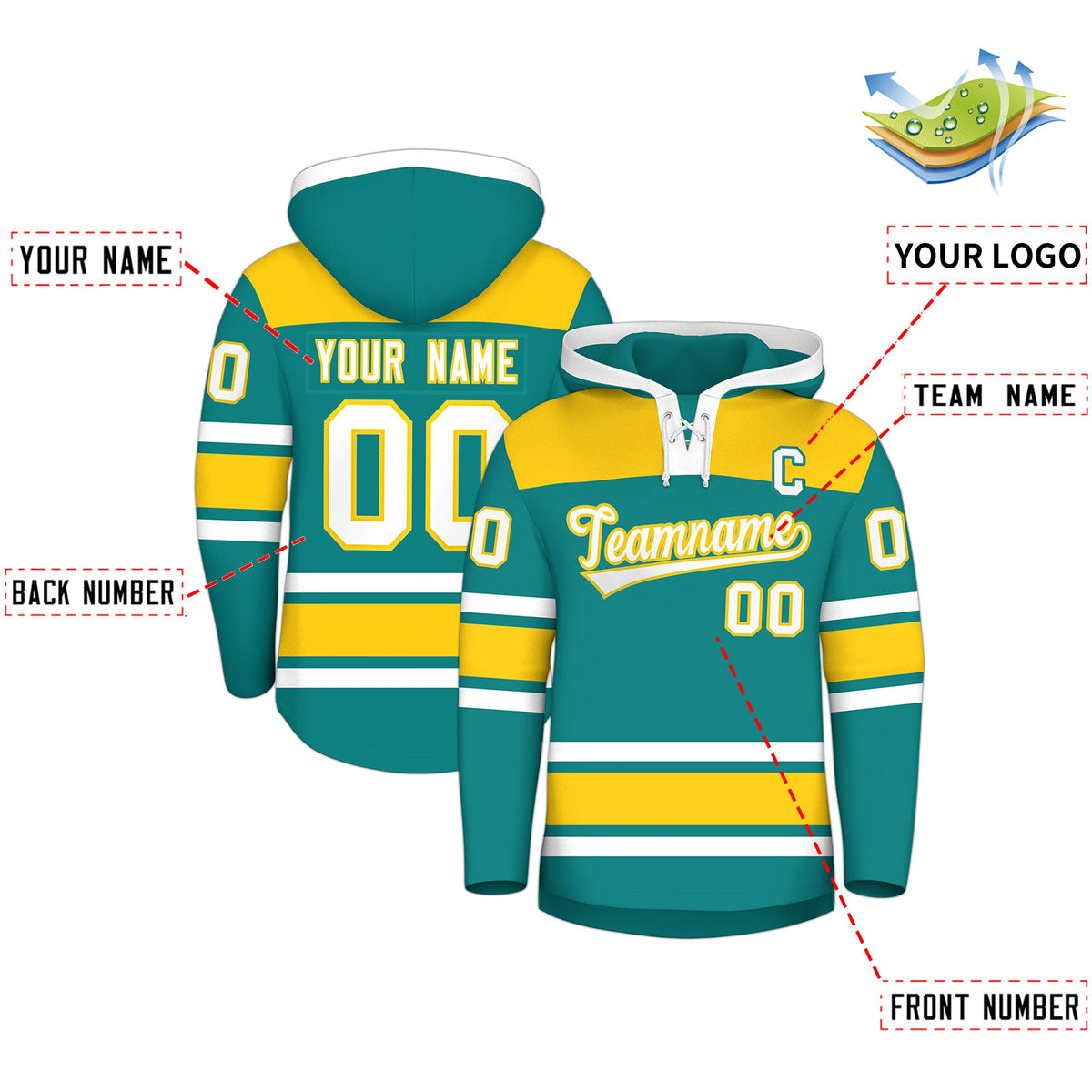 Custom Hockey Hoodie Jersey Teal Gold Raglan Sleeves Lace-Up Neck Personal Name & Number & Logo