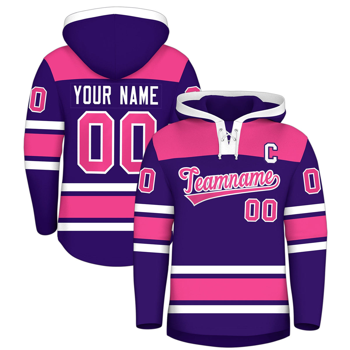 Custom Hockey Hoodie Jersey Purple Pink Raglan Sleeves Lace-Up Neck Classic Team Colors Hoodie
