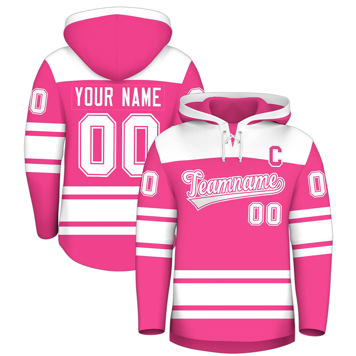 Custom Hockey Hoodie Jersey Pink White Raglan Sleeves Lace-Up Neck Personalized Jersey for Men & Youth