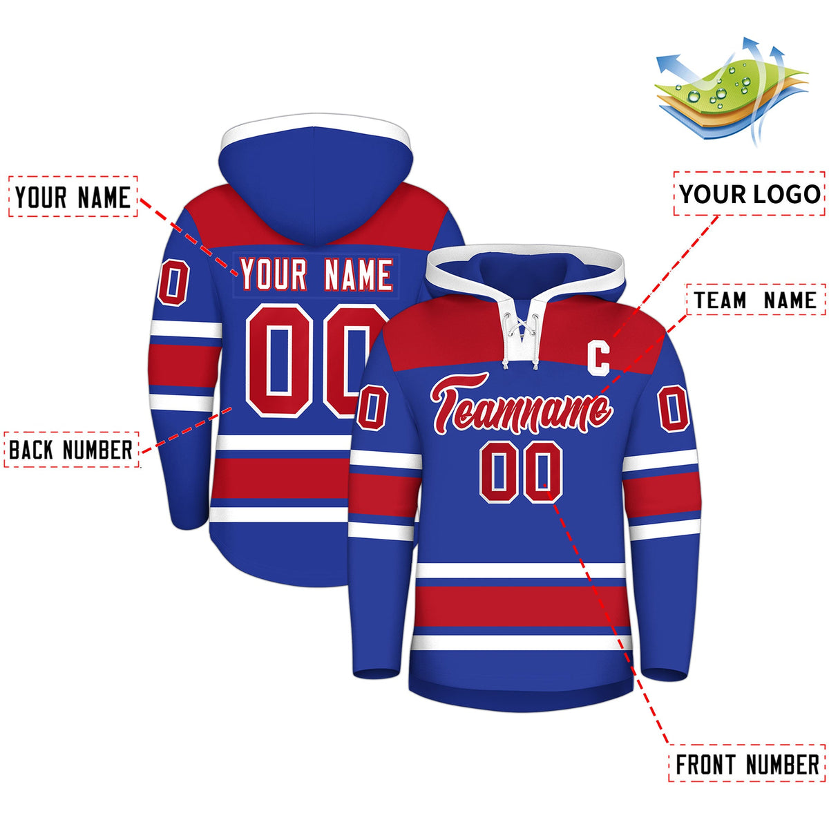 Custom Hockey Hoodie Jersey Royal Blue Red Raglan Sleeves Lace-Up Neck Personal Name & Number & Logo