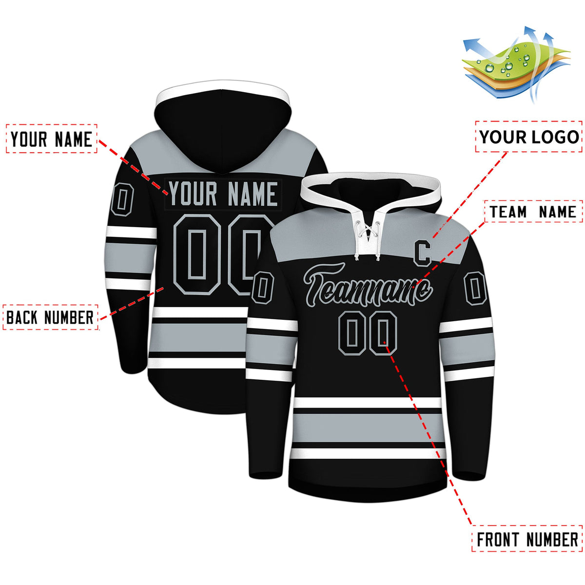 Custom Hockey Hoodie Jersey Black Silver Raglan Sleeves Lace-Up Neck Classic Team Colors Hoodie