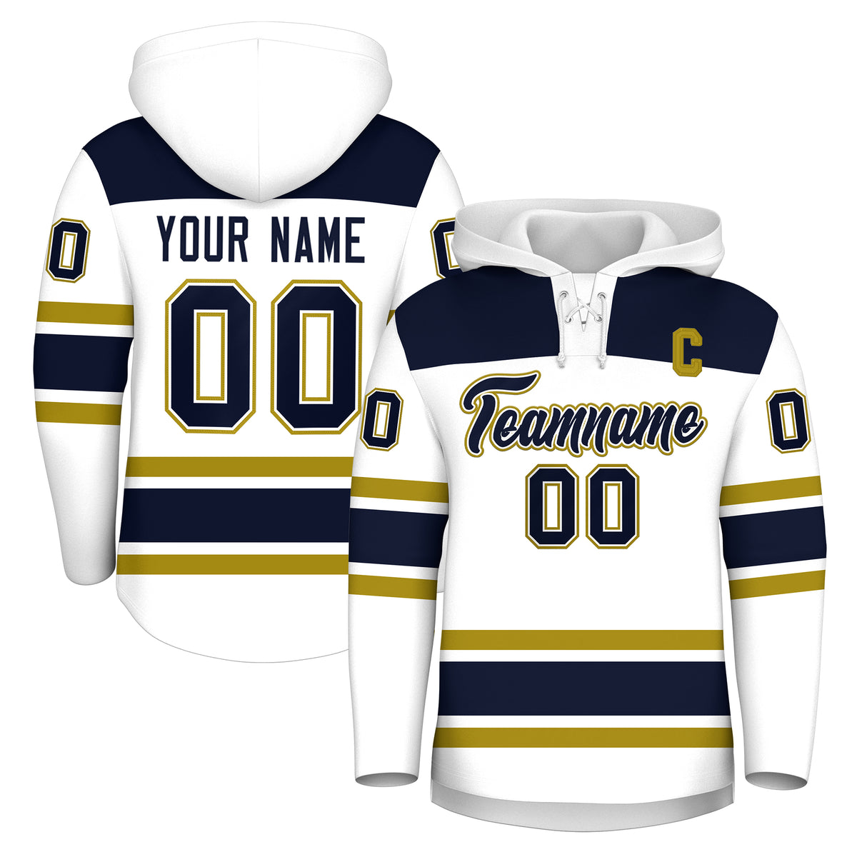 Custom Hockey Hoodie Jersey White Navy Raglan Sleeves Lace-Up Neck Personal Name & Number & Logo