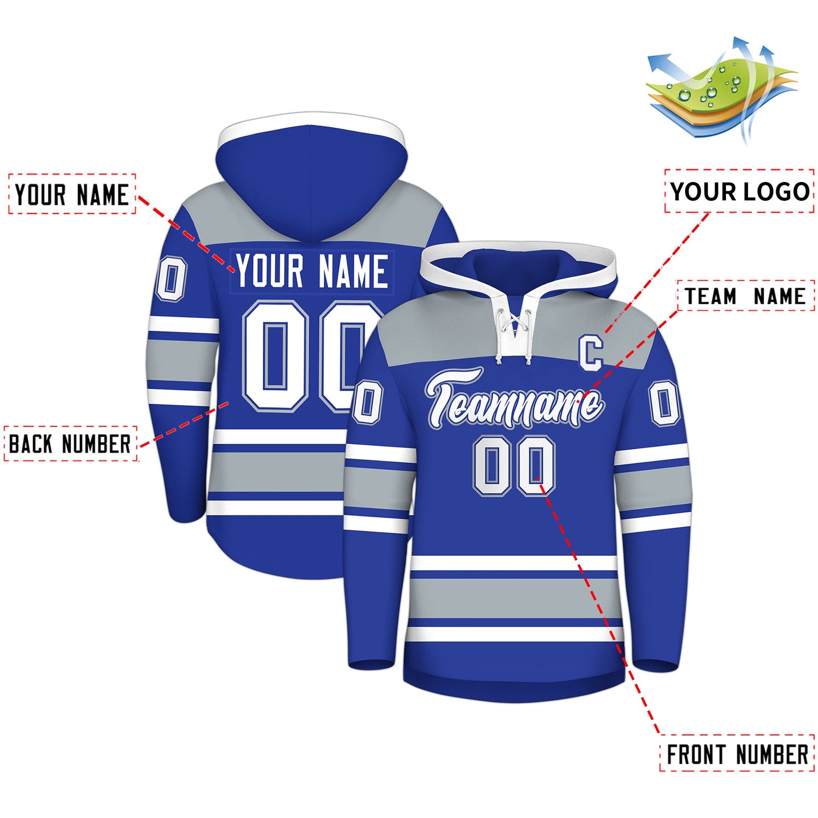 Custom Hockey Hoodie Jersey Royal Blue Silver Raglan Sleeves Lace-Up Neck Personalized Jersey for Men & Youth