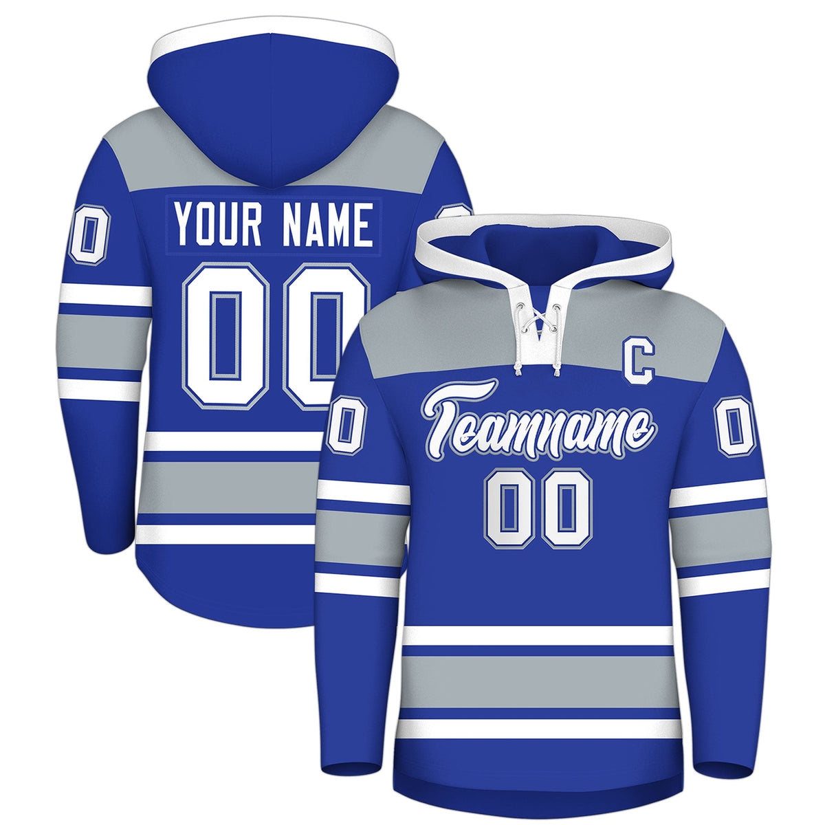 Custom Hockey Hoodie Jersey Royal Blue Silver Raglan Sleeves Lace-Up Neck Personalized Jersey for Men & Youth